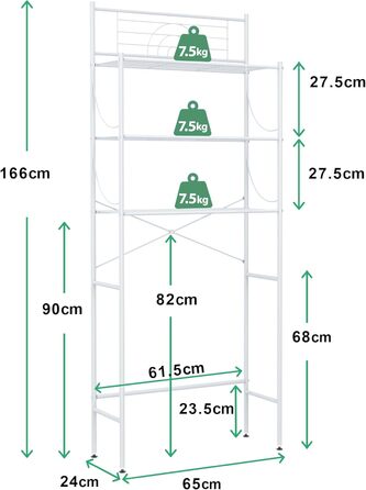 Полиця для пральної машини MALLBOO, не потребує свердління, 3-рівнева полиця для ванної кімнати, полиця для унітазу з нержавіючої сталі, компактна підставка для ванної кімнати (біла) Білий 9,45&39 Г x 25,59&39 Ш x 65,35&39 В