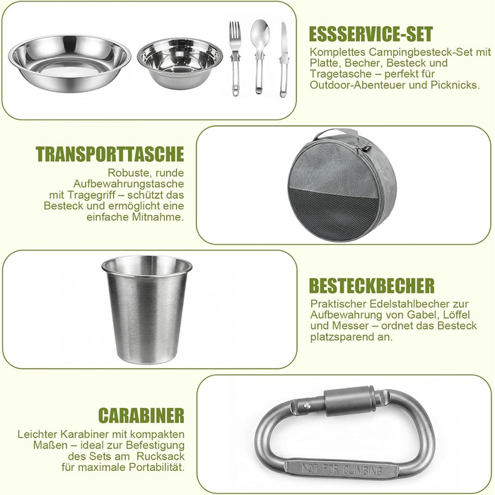 Набір посуду для кемпінгу на 2 особи - нержавіюча сталь 304, тарілки, миски, чашки та столові прибори, чохол та карабін, портативний посуд для пікніків, барбекю та відпочинку на природі (13 предметів)