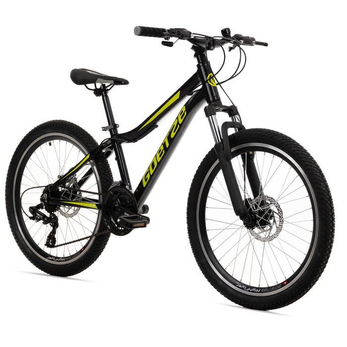 Дитячий гірський велосипед Goetze Define Junior 24 дюйми Перемикач швидкостей на 21 швидкість Алюмінієва рама Амортизаційна вилка Передні та задні дискові гальма Для віку 814 років 90 попередньо зібраний Чорний Лаймовий