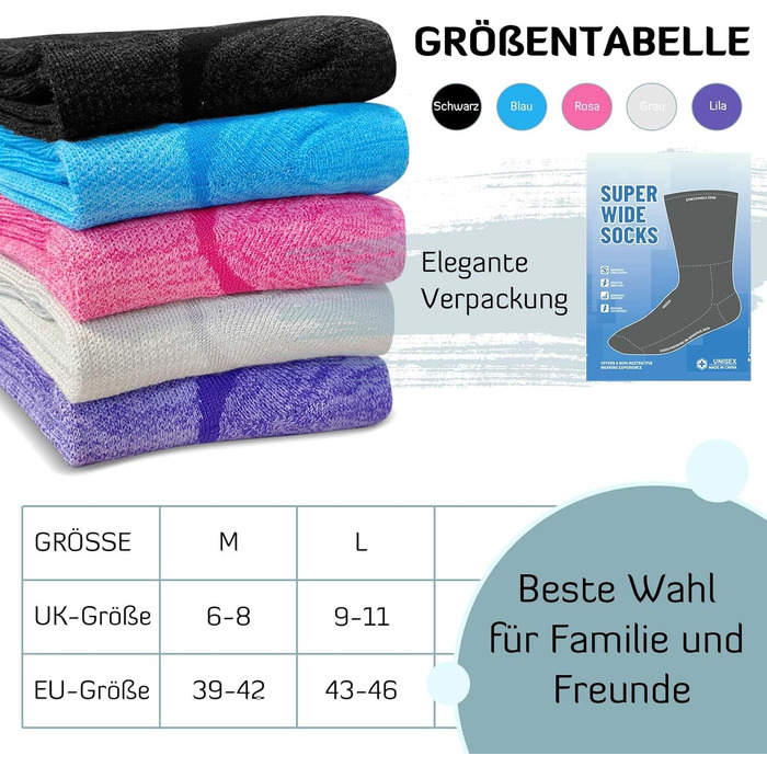 Бамбукові діабетичні шкарпетки LOFIR для жінок діабетичні шкарпетки без еластичної манжети, надзвичайно широкі, широкий пояс, безшовні, короткі шкарпетки для людей похилого віку, набряклі ноги, 5 пар, розміри 39-46, 39-42, різнокольорові - 5 пар