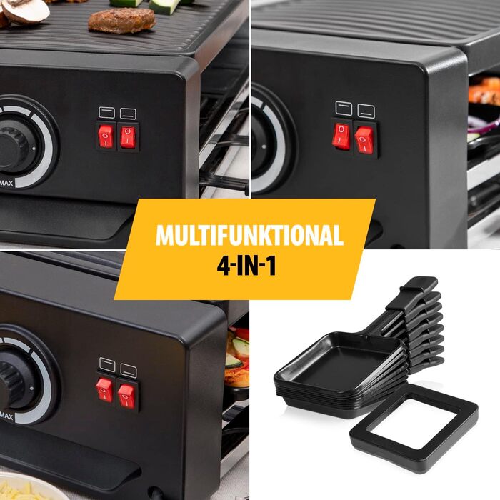 Багатофункціональний прилад для раклету та піци регульований термостат з подвійним нагрівальним елементом 43 х 23 см варильна поверхня на 8 осіб без BPA 1300 Вт, чорний, 2736