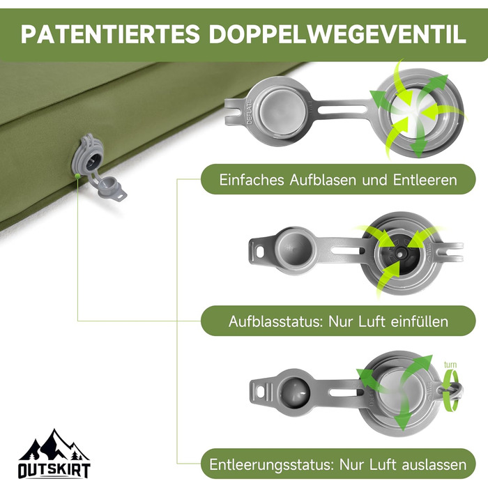 Самонадувальний килимок для сну OUTSKIRT, кемпінговий матрац товщиною 10 см з насосним мішком, коефіцієнт теплоізоляції 9,5, самонадувальний килимок для сну для намету, автомобіля, вантажівки або фургона, зелений, подвійний