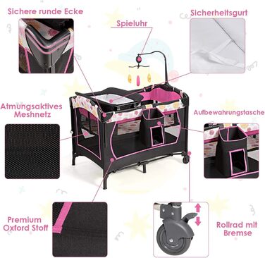 Складане дорожнє ліжечко FANTASK 4-в-1 до 15 кг, мобільна колиска, приліжкове ліжечко, пеленальний столик та манеж, дитяче ліжечко з регульованою висотою на 2 рівнях з сумкою для перенесення, матрацом та музичним мобільним пристроєм