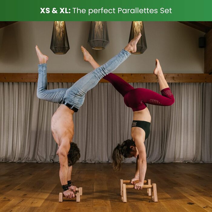 Дерев&39яні паралелети WOODPOWER PowerBars для віджимань, дерев&39яні ручки для віджимань, стійка на руках, йога та калістеніка, нековзні, для використання в приміщенні та на вулиці, безпечні для суглобів, НАБІР (XS XL) чорного кольору