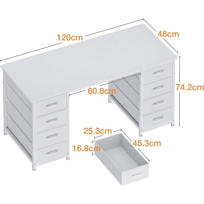 Письмовий стіл Coleshome з 8 тканинними шухлядами, 120x48 см, білий стіл з місцем для зберігання, універсальний комп&39ютерний стіл, офісний стіл, ПК-стіл, офісний стіл для офісу, вітальні, домашнього офісу, 120x48 см, білий