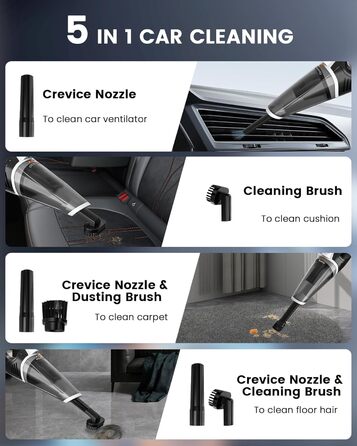 Ручний пилосос акумулятор 5 в 1, 15000Pa/10000Pa 2-швидкісний автомобільний пилосос потужний зі світлодіодним світлом, вологий / с