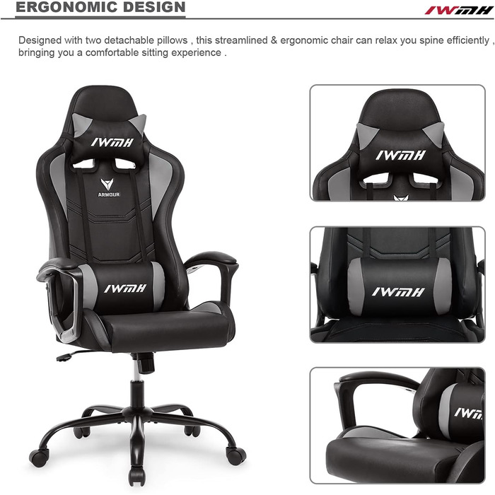 Ігрове крісло IWMH, ергономічне комп&39ютерне крісло з високою спинкою, регульоване по висоті поворотне крісло, гоночне крісло з підлокітниками, регульованим підголівником та поперековою опорою (сіре)