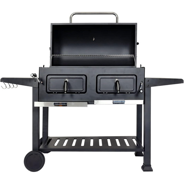 Мангал HWC-K94, візок для барбекю BBQ садовий з кришкою-поличкою, емальована сталь 110x153x60см чорний