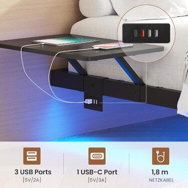 Каркас ліжка AOGLLATI 180x200, Металеве ліжко зі світлодіодним освітленням та зарядною станцією, Плаваючий каркас ліжка з полицями для зберігання, Металеве ліжко з рейковою основою, Двоспальне ліжко, Чорний (матрац не входить до комплекту), 180 x 200 см, 