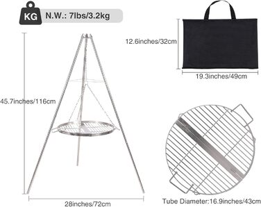 Поворотний гриль REDCAMP з решіткою для гриля, включаючи ланцюги, регульована висота, поворотний гриль для кемпінгу з нержавіючої сталі з круглою решіткою для гриля та сумкою для перенесення для барбекю на свіжому повітрі, сріблястий