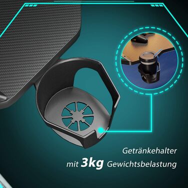 Ігровий стіл SONNI 140 см, ігровий стіл зі світлодіодним підсвічуванням, Z-подібна міцна ніжка, з підставкою для чашки та підставкою для навушників, 140x60x75 см, чорний (килимок для миші не входить до комплекту)