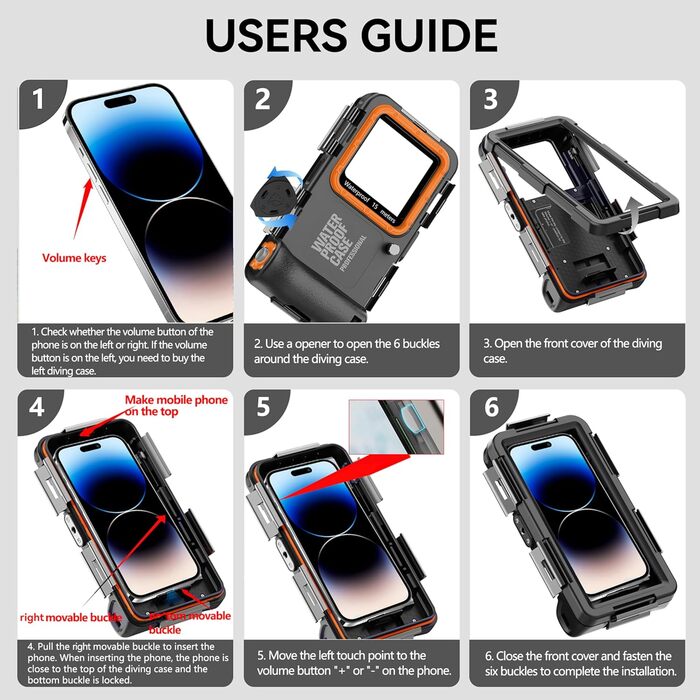 Чохол для підводного плавання для iPhone 17/16/15/14/13/12/11 Pro Max/XR/XS/X та інших, професійний захист 15 м/50 футів, водонепроникний чохол для підводного плавання, серфінгу, фото та відео (чорно-помаранчевий)