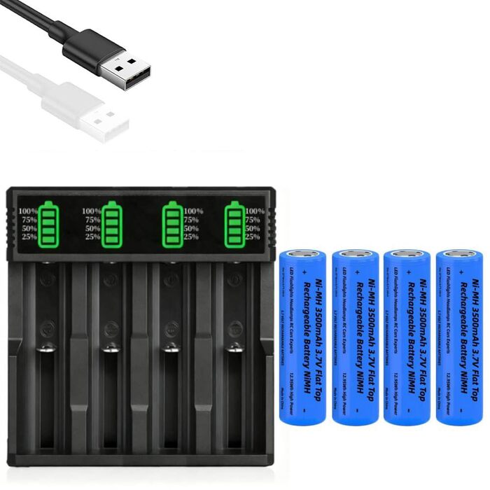 Зарядний пристрій для акумуляторів 18650 з 4 комплектами нікель-металгідридних акумуляторів 3,7 В ємністю 2200 мАг, 4-етапний інтелектуальний зарядний пристрій із РК-дисплеєм для швидкої зарядки літій-іонних акумуляторів 10440, 14500, 16340, 18650 та 2665