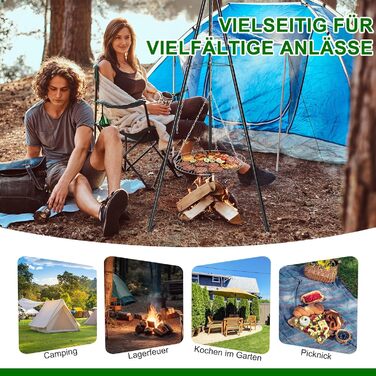 Мангал тринога з регульованою висотою та решіткою 48 см - для пікніків, барбекю, кемпінгу - чорний. Без жаровні.