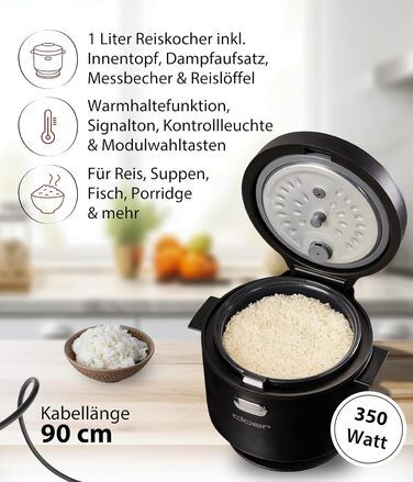 Рисоварка Cloer 6830, 1 л, з насадкою для приготування на парі та чашею, що миється в посудомийній машині, 7-етапна технологія, підігрів до 24 год, звуковий сигнал та індикатор рівня води, 350 Вт, чорна