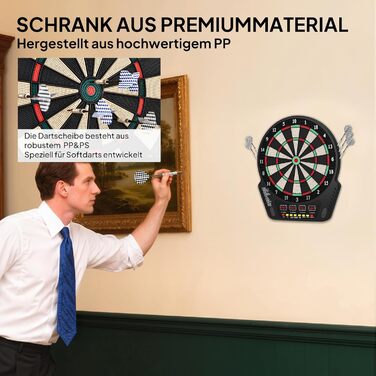 Набір електронних дротиків HOMCOM зі світлодіодним дисплеєм, автоматичним підрахунком очок, звуковими ефектами, 6 дротиків, 24 головки для дротиків, 27 ігор та 243 варіантами влучань для 16 гравців, 44 x 51,5 x 3,2 см