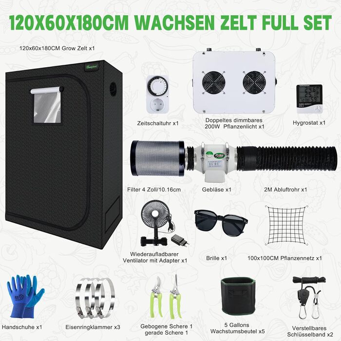 Комплект для вирощування Growzelt, 200W LED лампа повного спектру, гроубокс для приміщення, повний гідропонний набір (тент 600D) з системою вентиляції, термогігрометром та таймером (120x60x180 см) Szxtj-120x60x180