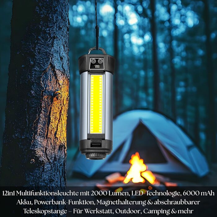 Багатофункціональний світлодіодний ліхтарик 12-в-1 з акумуляторною батареєю, магнітом та телескопічною штангою, кемпінговий ліхтарик, акумуляторний світлодіодний ліхтарик, робочий ліхтарик, ліхтарик для майстерні з функцією зовнішнього акумулятора для сад