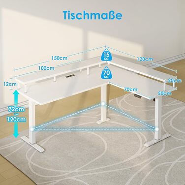Кутовий письмовий стіл OffiGo, регульована висота, 150x120 см, стіл з регульованою висотою та розеткою, електричний L-подібний стіл з підставкою для монітора, білий 150 x 120 см