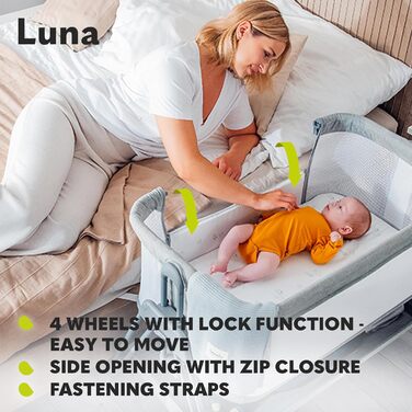 Дитяча тумбочка Lionelo Aurora 3-в-1 для сну від народження до 9 кг, регульована висота та нахил, матрац, 4 колеса, що блокуються, дихаюча, портативна, можна прати, сумка, ремені (світло-бежевий LUNA)