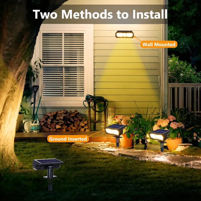Сонячні ліхтарі для саду на відкритому повітрі, сонячні прожектори 3000K теплого білого кольору, 4 шт., водонепроникні садові ліхтарі IP65, 2 режими яскравості, сонячні ліхтарі для саду на відкритому повітрі, двору, доріжки