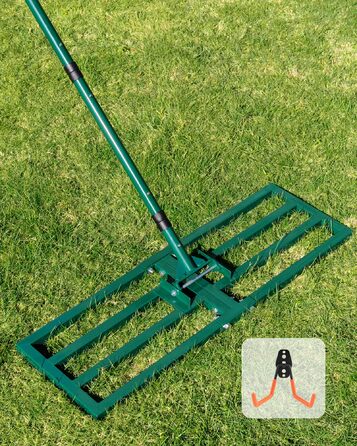 Вирівнювач газону Rasenrakel Міцний граблі для вирівнювання ґрунту, піску (76x25 см) з гаком для підвішування та регульованою ручкою для саду, городу, гольф-полів