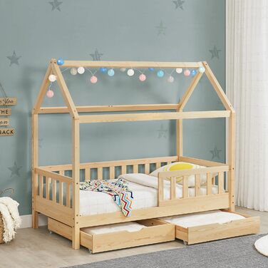 Дитяче ліжко Juskys Marli 90 x 200 см з 2-секційним ящиком для зберігання, захисними поручнями, рейковою основою та дахом - Ліжко-будиночок з масиву дерева для дітей - Ліжко з натурального дерева 90 x 200 см