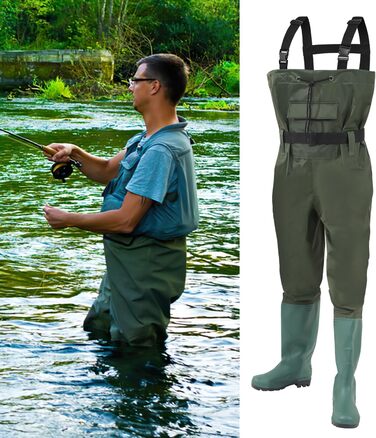 Водонепроникні нейлонові ПВХ вейдерси для риболовлі, з нековзними гумовими чобітьми, підходять для високої води, риболовлі, полювання, миття автомобілів та садівництва (розмір 44) та гачками.