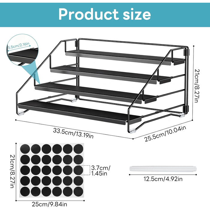 Рівнева підставка для спецій, регульована по висоті без свердління, металева підставка для спецій для кухні та шафи, з етикетками та ручкою, 4-