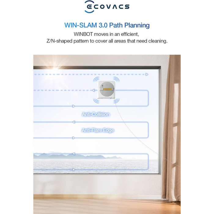 Робот для миття вікон ECOVACS WINBOT W1 PRO, інтелектуальне миття вікон з WIN SLAM 3.0, технологія перехресного розпилення, планув