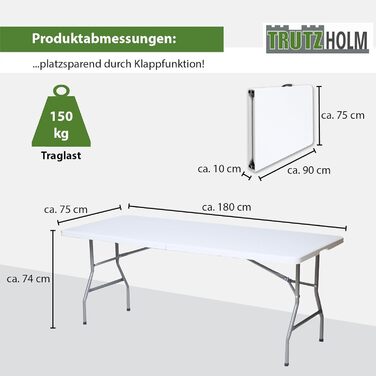Садовий стіл TRUTZHOLM, стіл для розпродажу, обідній стіл, стіл для пивного намету, розкладний стіл, білий, 180 x 75 x 74 см, складаний, кемпінговий стіл, стіл для вечірок на 8 осіб з ручкою для перенесення