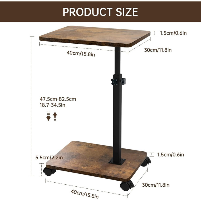С-подібний журнальний столик, журнальний столик з регульованою висотою та колесами, невеликий журнальний столик, тумбочка, туалетний столик для вітальні, спальні, ванної кімнати