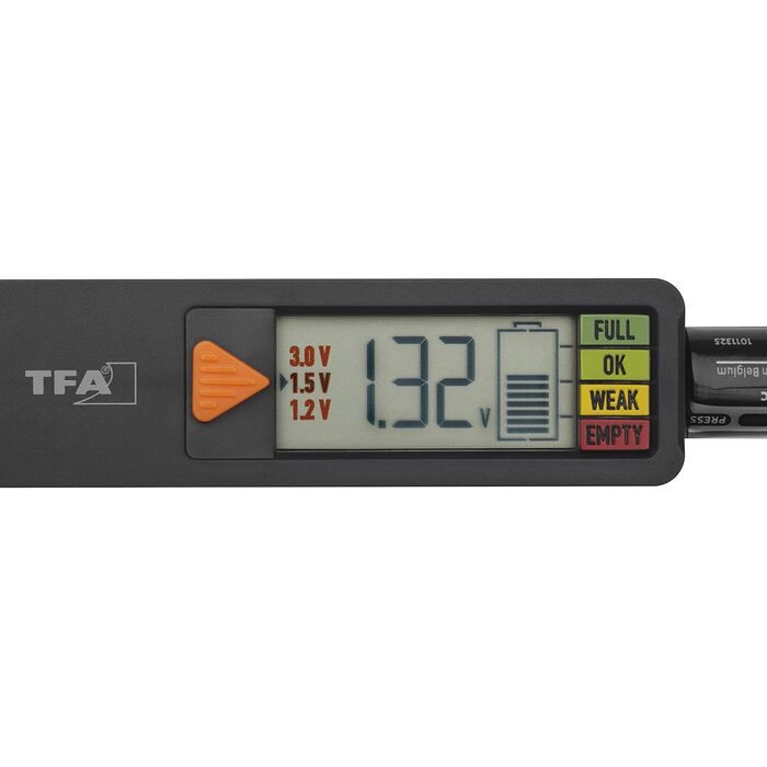 Тестер для батарейок та акумуляторів (AAA, AA, C, D, таблеточні, блокові). Показує рівень заряду/напругу. Простий та швидкий у використанні, чорний., 98.1126.01