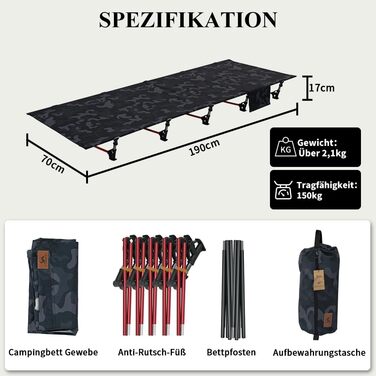 Надлегке розкладне похідне ліжко 190x70 см з алюмінію, компактне кемпінгове ліжко, легке в установці, міцне кемпінгове ліжко для наметів, походів на свіжому повітрі, подорожей, пляжу - камуфляжно-чорне
