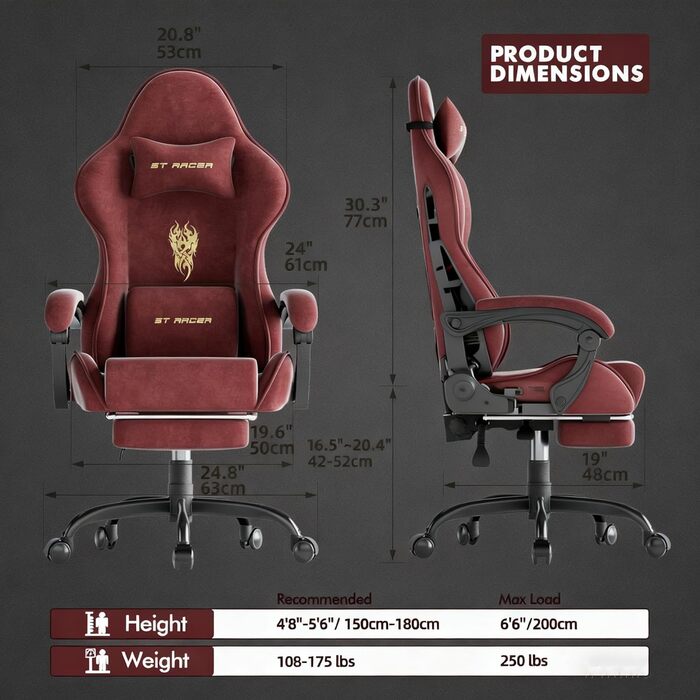 Ігрове крісло Huracan з підставкою для ніг, дихаюче ергономічне ігрове крісло з мікрофібри велюру, ігрове крісло, ігрове крісло з регульованим підголівником та масажною подушкою для попереку, підлокітники (червоні) плоска подушка сидіння, стиль 1 червоний