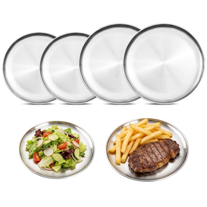 Набір з 4 сталевих тарілок, Ø20/30 см, круглий посуд з нержавіючої сталі, для барбекю, овальна страва, тарілка для мяса, тарілка для рису, сріблясті сталеві тарілки для кемпінгу, пікніка, кухні, BBQ, вечірок