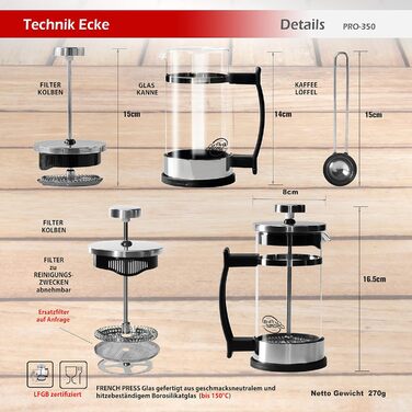 Кавоварка френч-прес 0,35 л на 2 чашки (також 0,6 л), скляний прес для кави, чайник і кавоварка маленька, в т.ч. кавова ложка з нержавіючої сталі та подарункова коробка, хром, 43