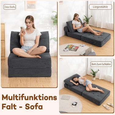 Розкладний диван-ліжко, що трансформується 3-в-1, диван-ліжко, крісло-ліжко з подушками, крісло-мішок, зручний диван-ліжко, підлоговий диван-гойдалка для спальні, вітальні, сірого кольору, 80 см, 80 x 80 см, сірий