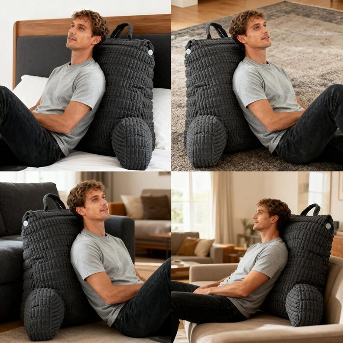 Подушка для читання зі спинкою, зручна спинка з підлокітниками, знімна для дорослих з кишенями для ліжка та дивана, для телевізора, мобільних телефонів (темно-сіра)