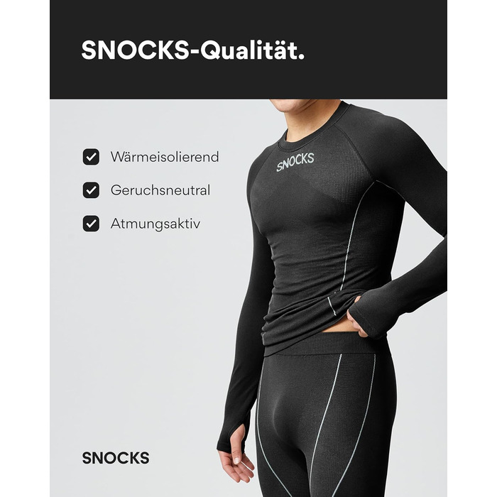 Чоловіча термобілизна Snocks - надзвичайно тепла, щільно прилягає, швидковисихаюча та дихаюча - розміри S-3XL - лижна білизна, функціональна білизна, чорна з отворами для великих пальців