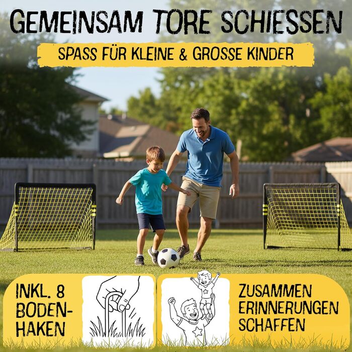 Висувні футбольні ворота для дітей, включаючи сумку для перенесення 120x90 см-150x240 см Сертифіковано EN71 та CE Стійкі до іржі та атмосферних впливів Футбольні ворота з міцними кріпленнями до землі Встановлення за 5 секунд Висувні ворота для використанн