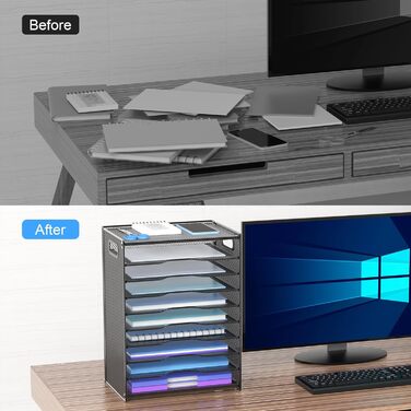 Рівневий настільний органайзер OUTWOLF з ручкою, міцний металевий органайзер для паперу, лоток для листів, відділення для зберігання, офісне приладдя для документів формату A4, паперу, книг, журналів (чорний) 10-рівневий настільний органайзер, 10-