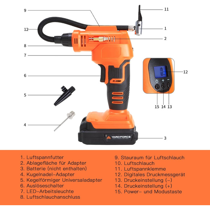 Повітряний насос Yard Force, електричний повітряний насос 20 В, автомобільний повітряний компресор 120 фунтів на квадратний дюйм, вбудований акумулятор автомобільного компресора 2200 мАг, манометр у шинах для автомобіля, велосипеда, футболу