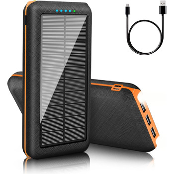 Зовнішня батарея Solar Powerbank ємністю 25800 мАг Портативний зарядний пристрій Power Bank зі світлодіодним підсвічуванням, 3 USB-виходами та 2 входами. Акумулятор для мобільного телефону для кемпінгу на природі, сумісний із телефоном Android (помаранчев