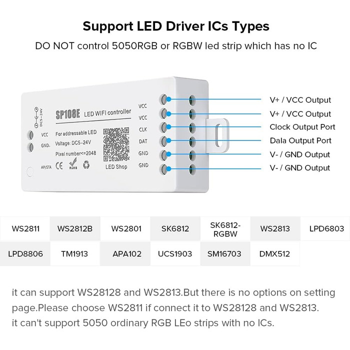 Світлодіодний контролер Wi-Fi Керування групою додатків iOS/Android для SK9822 SK6812 SK6812-RGBW WS2801 WS2813 WS2815 Цифровий адресний модуль світлодіодної стрічки RGB DC5V-24V M1SP108E, 2812B WS2811 SP108E