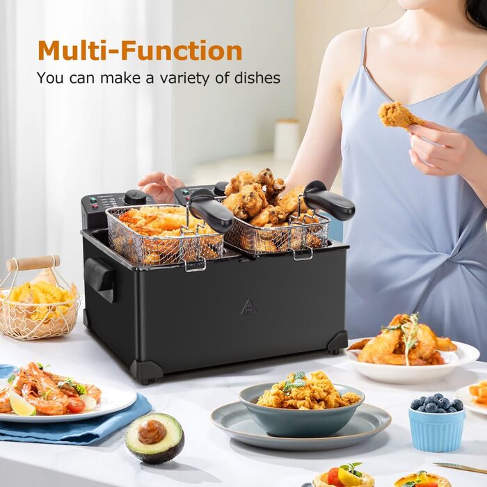 Велика подвійна фритюрниця Aigostar з 2 кошиками, 6-літрова фритюрниця з функцією холодної зони, 3600 Вт, оглядове вікно, регульований рівень нагріву до 190C, міцна та проста в догляді, чорна