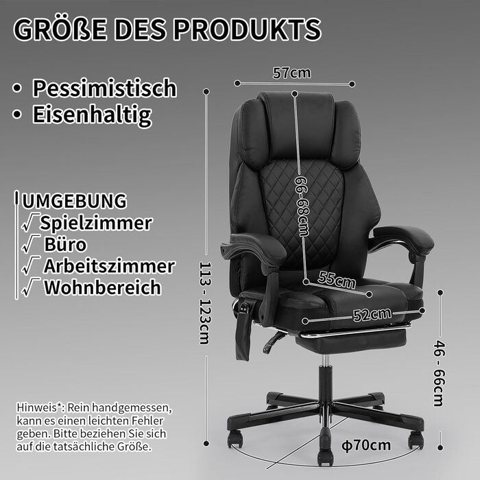 Ергономічне офісне крісло, масажне та підігріте крісло, обертове крісло з підставкою для ніг, меблі для кабінету, крісло для ПК, крісло керівника, тип PU (чорний)