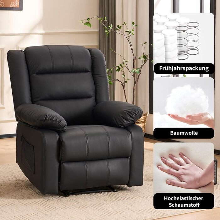 Крісло для телевізора з функцією відкидання спинки, масажне крісло з функцією підігріву, крісло-реклайнер з функцією відкидання спинки, крісло для вітальні, зручне крісло для читання, крісло для відпочинку з ручним керуванням (чорне) Чорне ручне керування