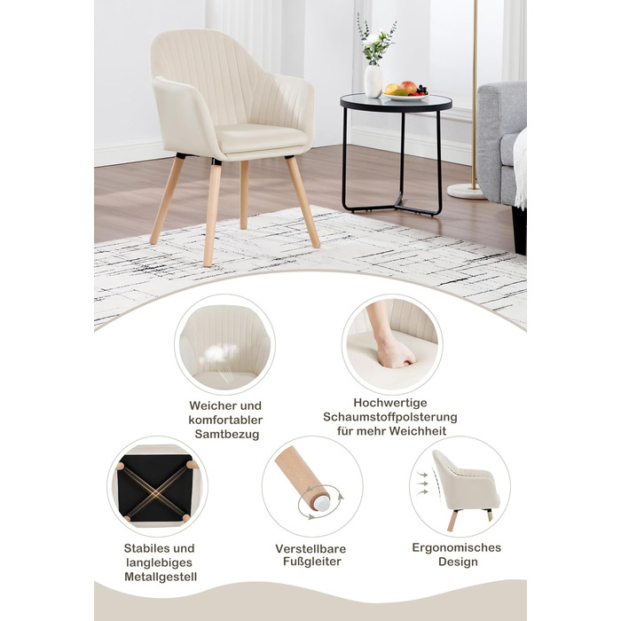 Обідні стільці WOLTU, комплект з , для спальні, кухні, вітальні, м&39які кухонні стільці з підлокітниками, виготовлені з оксамиту та масиву дерева, кремово-білий, комплект з
