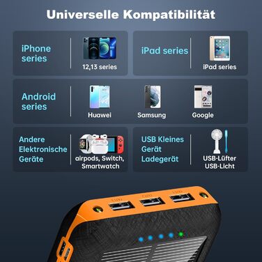 Зовнішня батарея Solar Powerbank ємністю 25800 мАг Портативний зарядний пристрій Power Bank зі світлодіодним підсвічуванням, 3 USB-виходами та 2 входами. Акумулятор для мобільного телефону для кемпінгу на природі, сумісний із телефоном Android (помаранчев